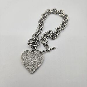 Michael Kors Silver Heart Charm Bracelet With Toggle Clasp & Pavé Crystal Detail
